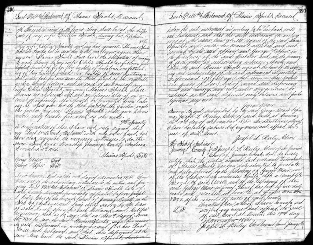 Probate and Will Record of Blasius Specht, pgs. 396 and 397